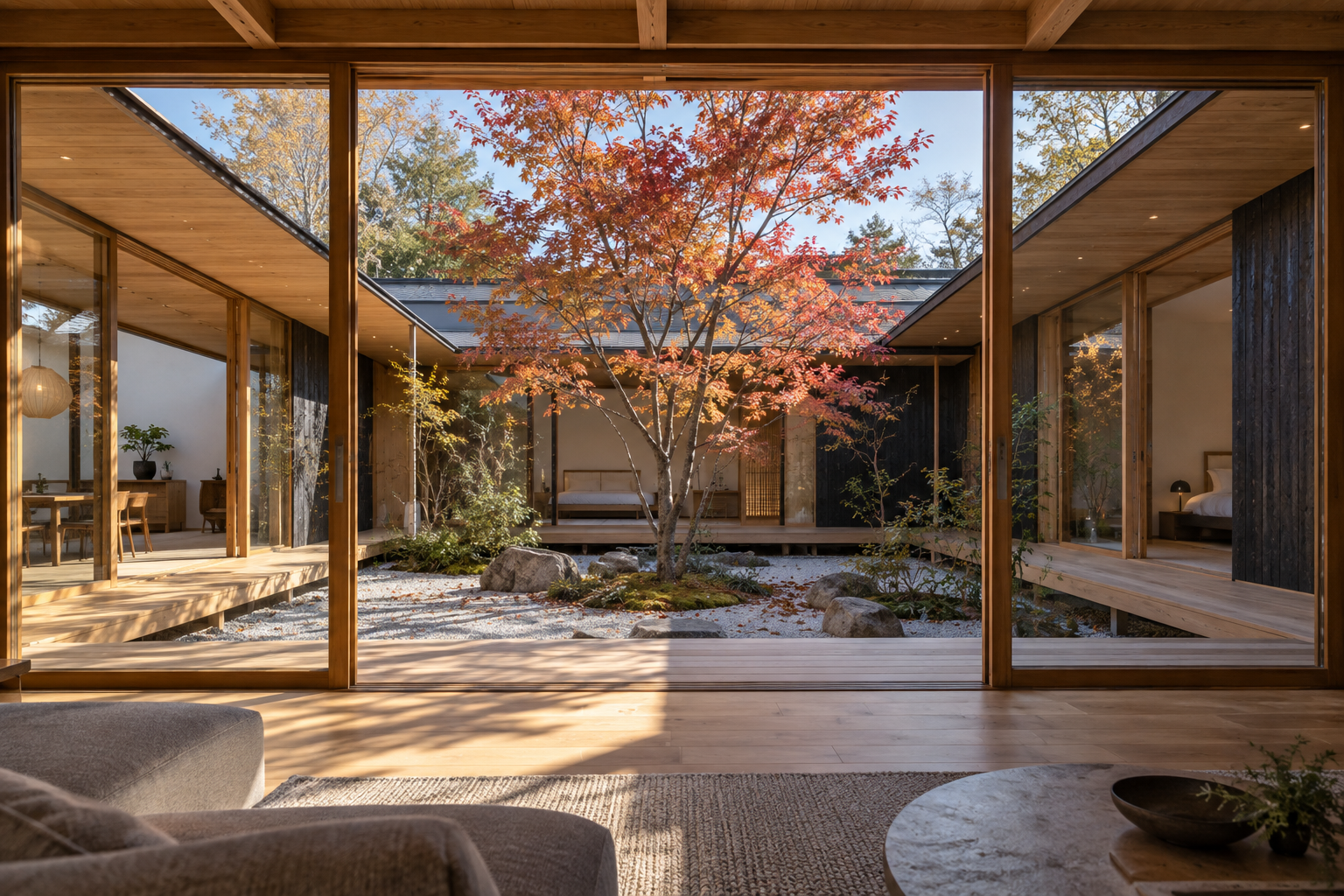 紅葉が美しい中庭のある平屋(AIで作成したイメージ)
