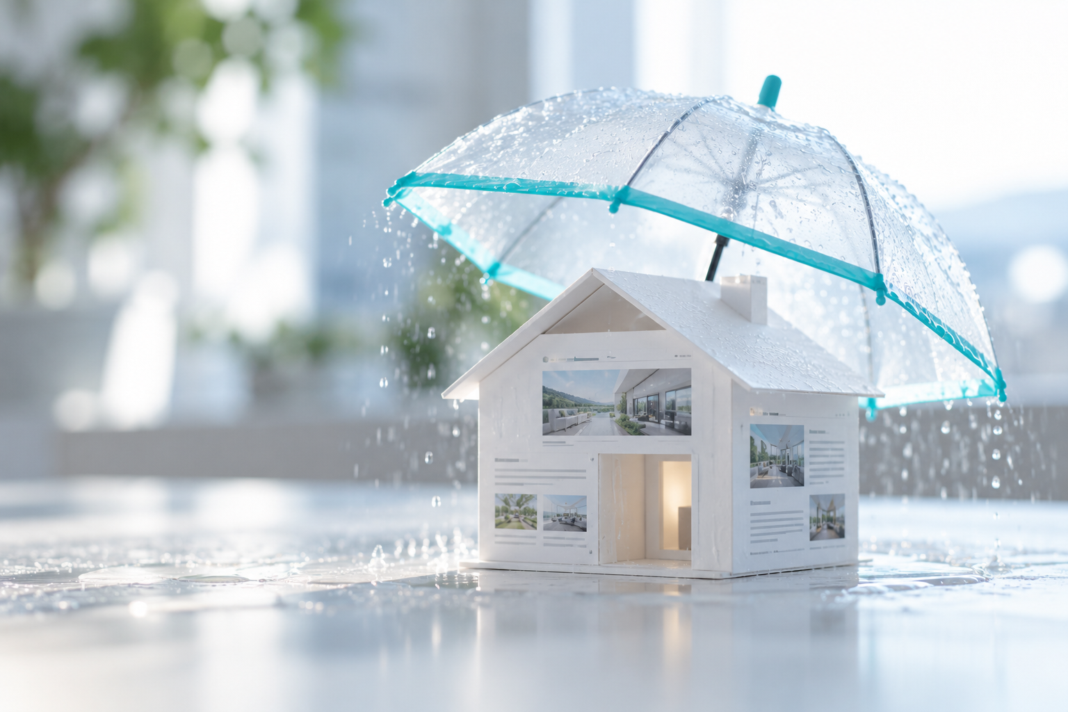 雨の中、Webページの家に差しかけられた透明な傘(AIで作成したイメージ)