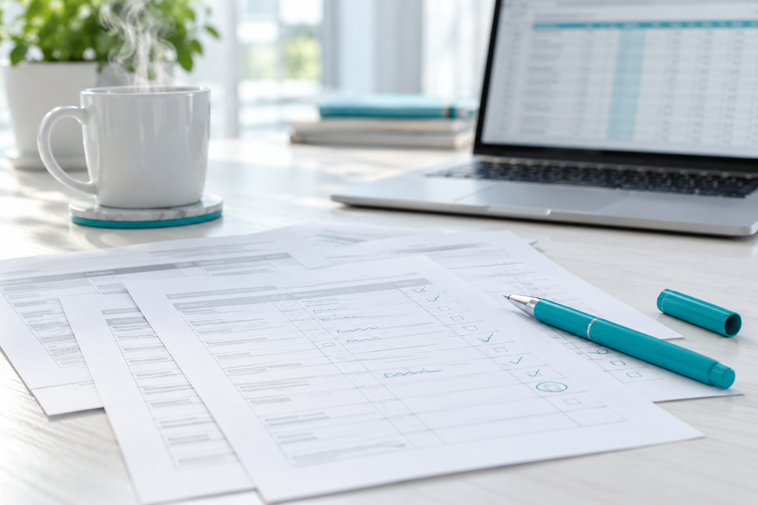 書きこみのある質問シートとペン、奥に表計算の画面のノートパソコン(AIで作成したイメージ)