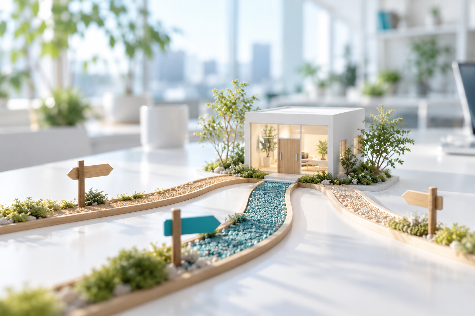 いくつもの小道が、ひとつの建物の入口へ集まっている模型(AIで作成したイメージ)